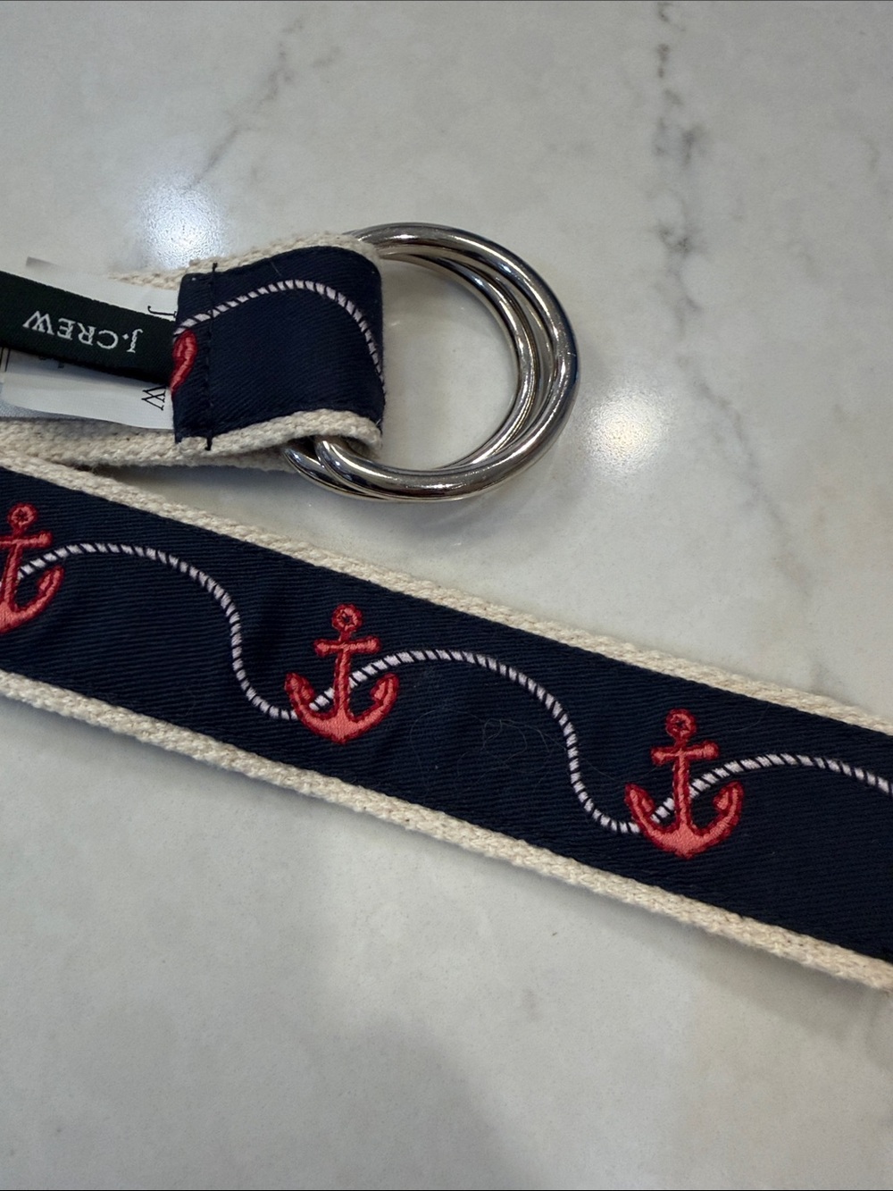 J. Crew Navy Belt with Red Anchor Embroidery and Silver Rings